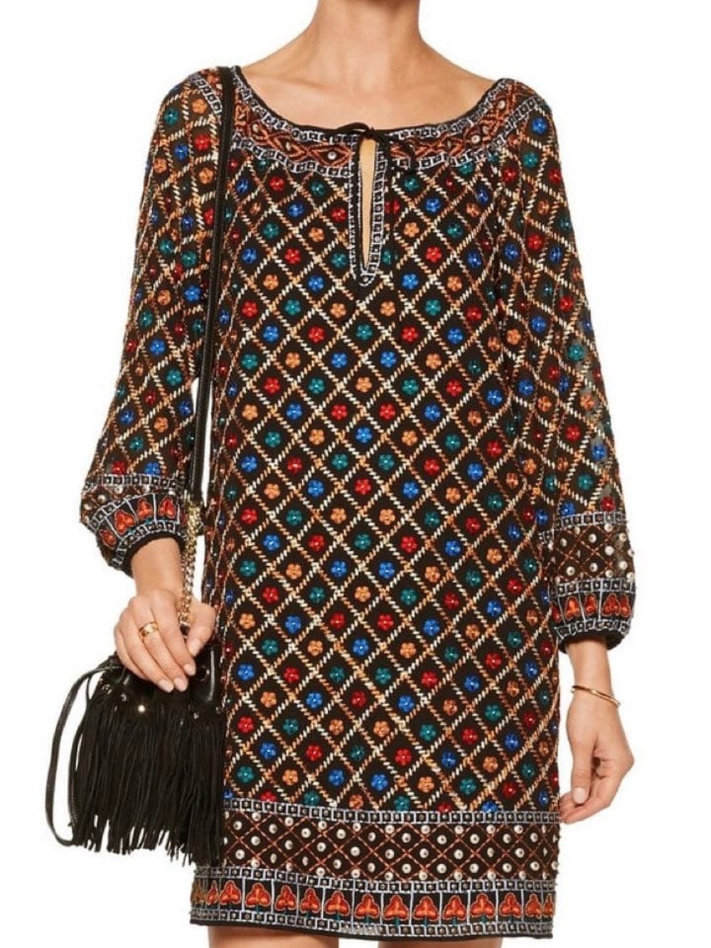Alice + Olivia Gillian Silk Geometric Embroidered Boho Mini Shift Dress Medium